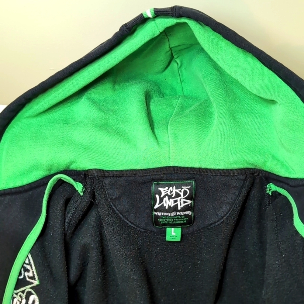 Y2K Ecko UnLimited Writing all Wrongs Men's Green/Black Hoodie Size L. - Picture 7 of 13